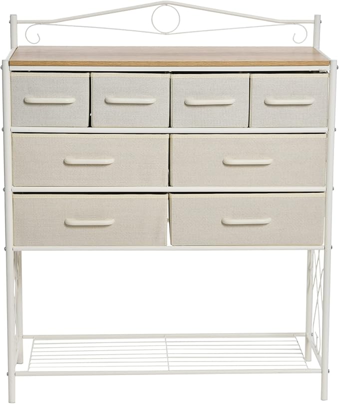 Household Essentials Victorian Style 8-Drawer and Bottom Shoe Shelf Storage Organizer Unit, White and Coastal Oak Color