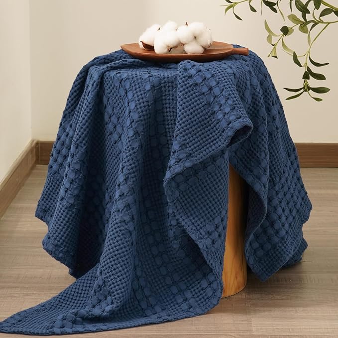 PHF 100% Cotton Waffle Weave Throw Blanket, Soft Lightweight Breathable Cozy Throws for Couch Bed Sofa, Luxury Aesthetic Woven Blanket for Home Decor & Office, 50"x60", Blue Sapphire