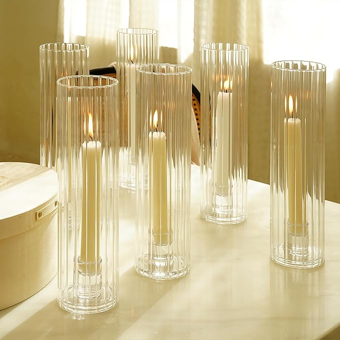 Hurricane Candle Holder Thickened Ribbed Cylinder Covers Taper Candle Sticks Holder Glass Tall Candlesticks Holders Centerpiece for Wedding Dining Table, 10 Pcs