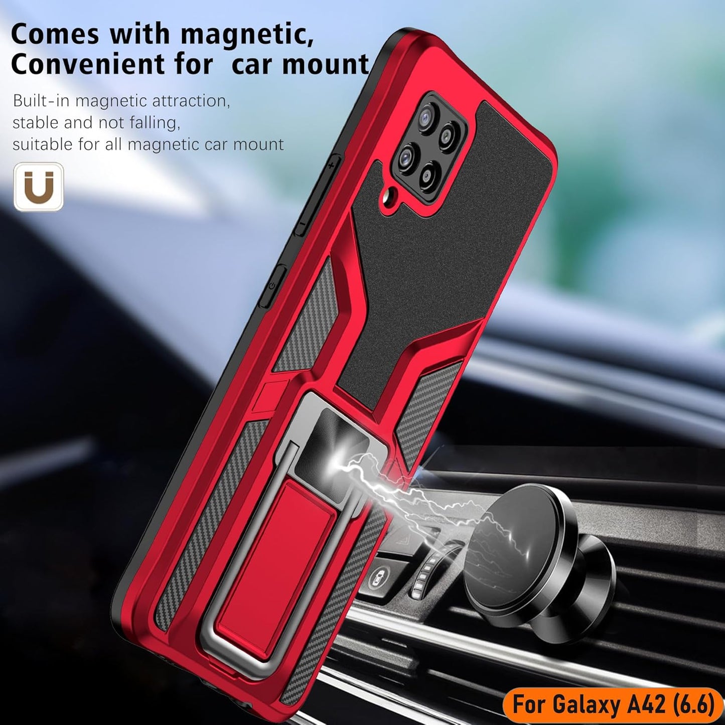 LMDAMZ Heavy Duty Shockproof Kickstand Case for Samsung Galaxy A42 5G, Double Protection (TPU+PC) 6.6 Inch - Red