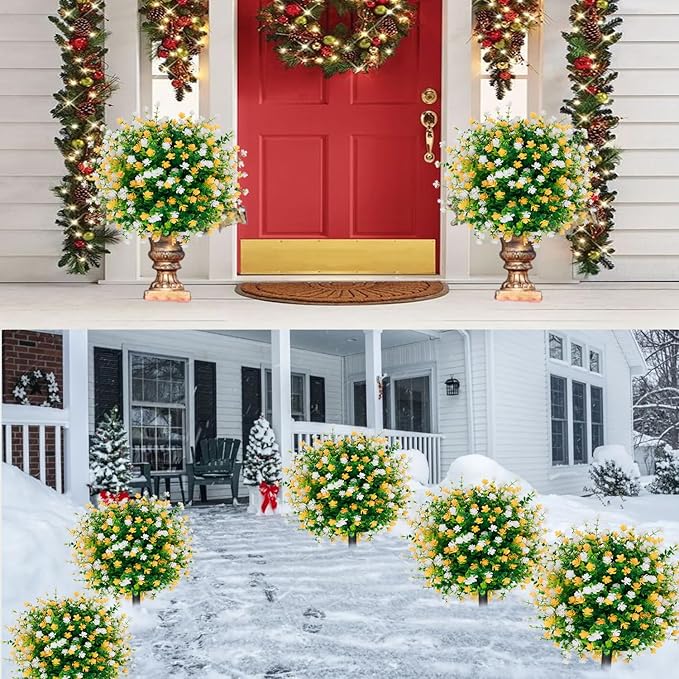 2 Pack 23'' Artificial Xmas Tree,Fake Boxwood Topiary Ball Trees with Spike Outdoor Christmas Decoration,Faux Shrubs Evergreen Blooming Plants Bushes for Urn Filler Porch Potted Entrance Driveway