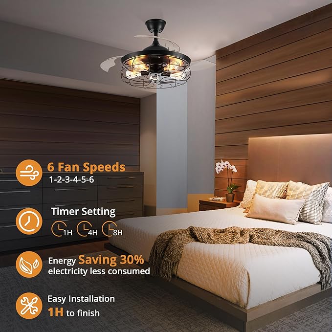 LEDIARY 42" Retractable Ceiling Fans with Lights, Farmhouse Industrial, Caged Fandelier Ceiling Fans with Remote, 6 Wind Speeds,Invisible Blades