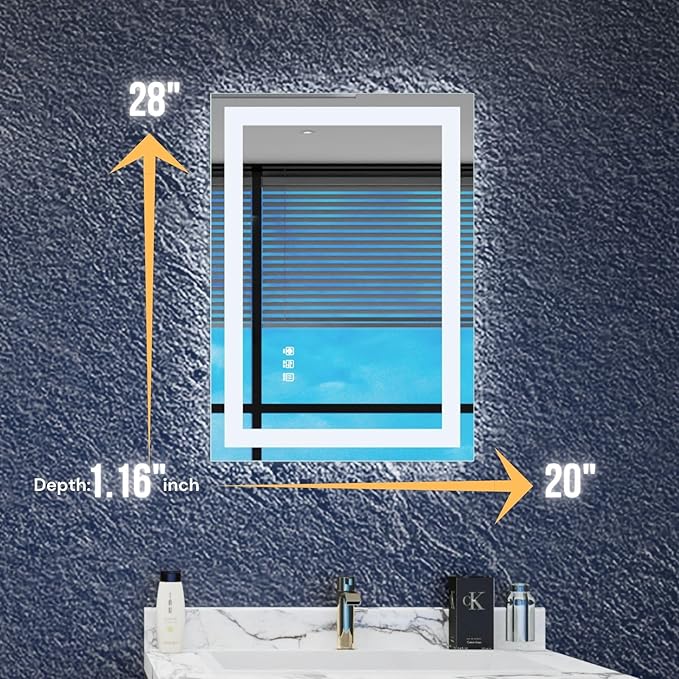 LED Bathroom Mirror 20"x 28", Front Lit and Backlit Mirror Bathroom with Lights,Stepless Dimmable,Anti-Fog, Shatter-Proof, Memory, 3 Colors Led Vanity Mirror (Horizontal/Vertical)