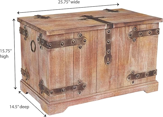 Household Essentials Decorative Trunk, Victorian, Large, Chinese Fir Wood, Aged-Wood Finish with Metal Accents, Fully Opening Lid, Stout Design, Ring Handles