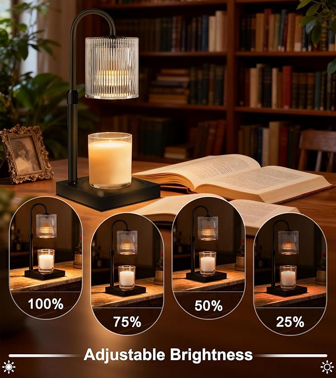 Candle Warmer Lamp, Candle Lamp Wax Warmer Heating, Timer & Dimmer 7-Levels, Fits Cup Jar Candle, Top Melting, Crystal Heater Lamp for Scented Wax, Elegant Home Decor, Black Glass
