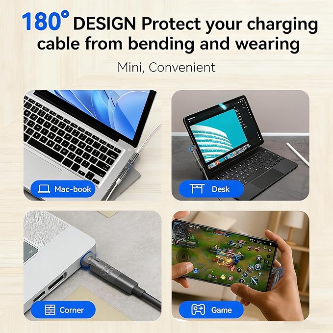 USB C Adapter (2-Pack), PD 60W USB C 90 Degree Adapter, USB C Right Angle Adapter,for Phone 17/16/15, MacBook Pro/Pad Series, Samsung Galaxy, Tablet, Laptop