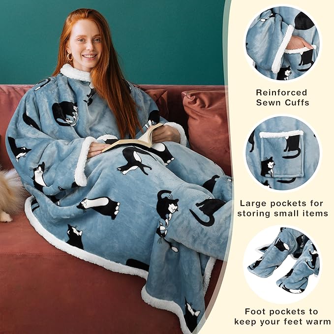 Catalonia Sherpa Wearable Blanket with Sleeves & Foot Pockets for Adult Women Men, Comfy Snuggle Wrap Sleeved Throw Blanket Robe, Gift Idea, Wonder Cat