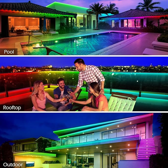 LETIANPAI 500ft Outdoor LED Strip Lights Waterproof,IP68 Outside Led Light Strips Waterproof with App and Remote,Music Sync RGB Exterior Led Rope Lights with Self Adhesive Back for Roof,Deck,Balcony