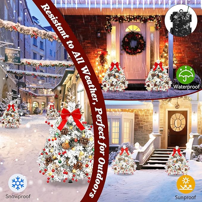 Lewondr Set of 2 Prelit Pathway Christmas Trees, 27.56" Outdoor Christmas Tree with 50 LED Lights, Pine Cones Red Berries, Battery Operated Outdoor Xmas Decor for Yard Home Porch, White Snowflake