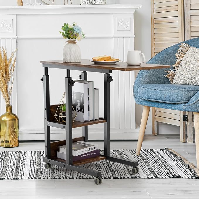 Hadulcet C Shaped Side Table Adjustable, Height Adjustable C Table with Wheels and Storage Shelves for Couch Bed Recliner Rustic Brown
