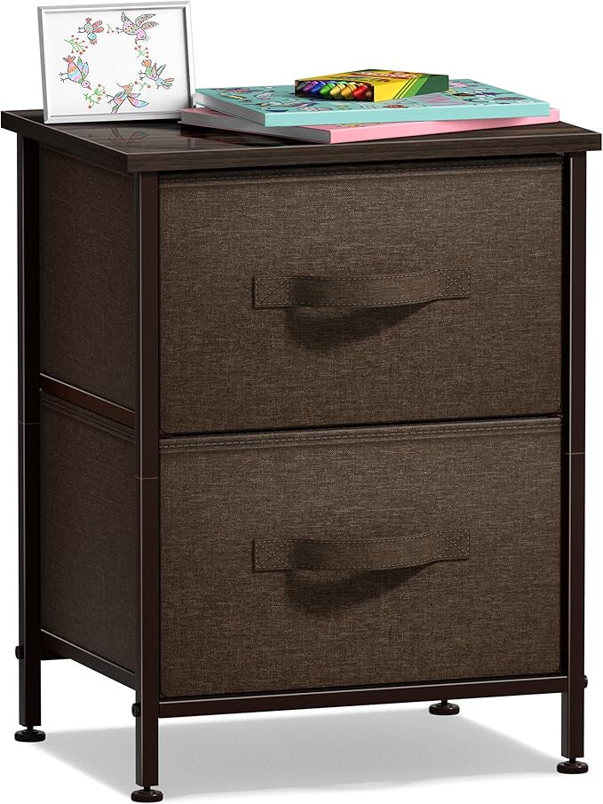 Sorbus Nightstand with 2 Drawers - Bedside Furniture End Table Night Stand with Steel Frame, Wood Top & Easy Pull Fabric Bins - Small Dresser & Chest for Home, Bedroom Accessories & Office