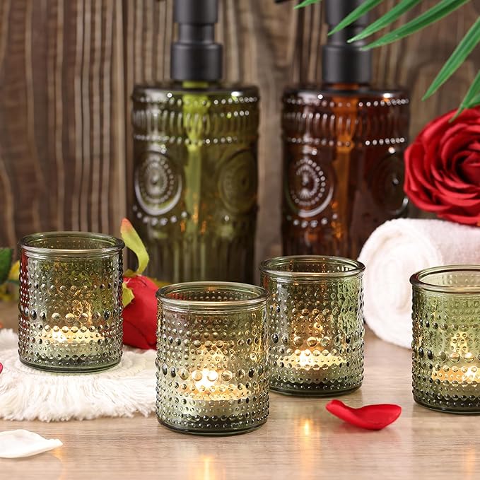15Pcs Glass Votive Candle Holders, Green Tea Light Candle Holder Vintage Tealight Candle Holder Bulk for Wedding Christmas Party Table Decor (Green)