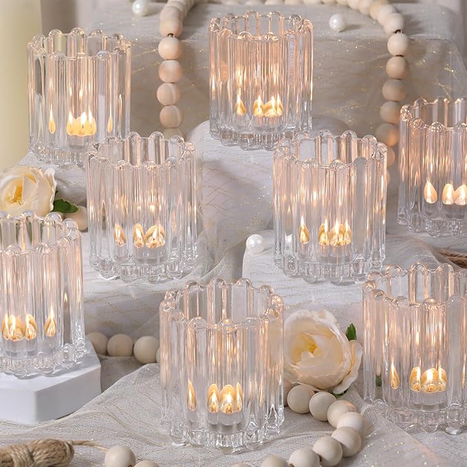 Glass Clear Votive Candle Holder, Ribbed Votive Candle Holders Set of 12, Tealight Candle Holder for Wedding Centerpieces Dinner Party Table Decor