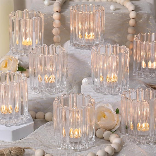 Glass Clear Votive Candle Holder, Ribbed Votive Candle Holders Set of 12, Tealight Candle Holder for Wedding Centerpieces Dinner Party Table Decor