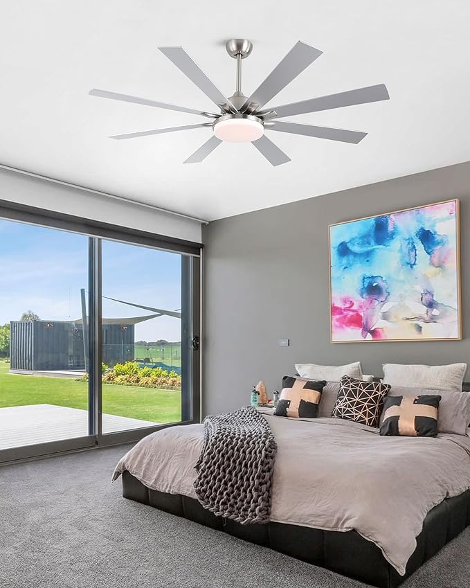 62 Inch Ceiling Fans with Lights,Large Modern Ceiling fan with Remote and 8 Wooden Blades,Dimmable,6 Speeds,Noiseless Reversible Indoor&Outdoor Fan for Bedroom,Patio,Living Room