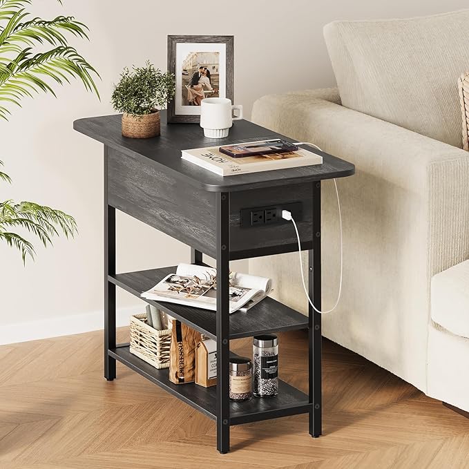 Yoobure End Table with Charging Station, Flip Top Side Table with USB Ports and Outlets, Sofa Couch Table Bedside Table for Living Room Bedroom, Narrow Nightstand with Storage Shelves for Small Space