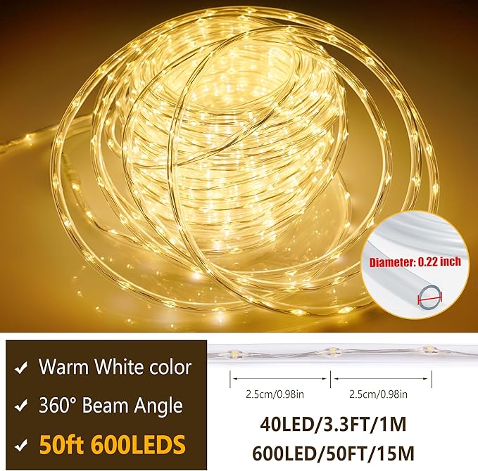 OMIKA 50ft 600 LEDs Solar Rope Lights, USB Charging, 20 Lighting Modes, Dimmable Timer Remote Control, IP68 Waterproof for Outdoor Trees, Parties, Gardens, Weddings, Christmas Decorations
