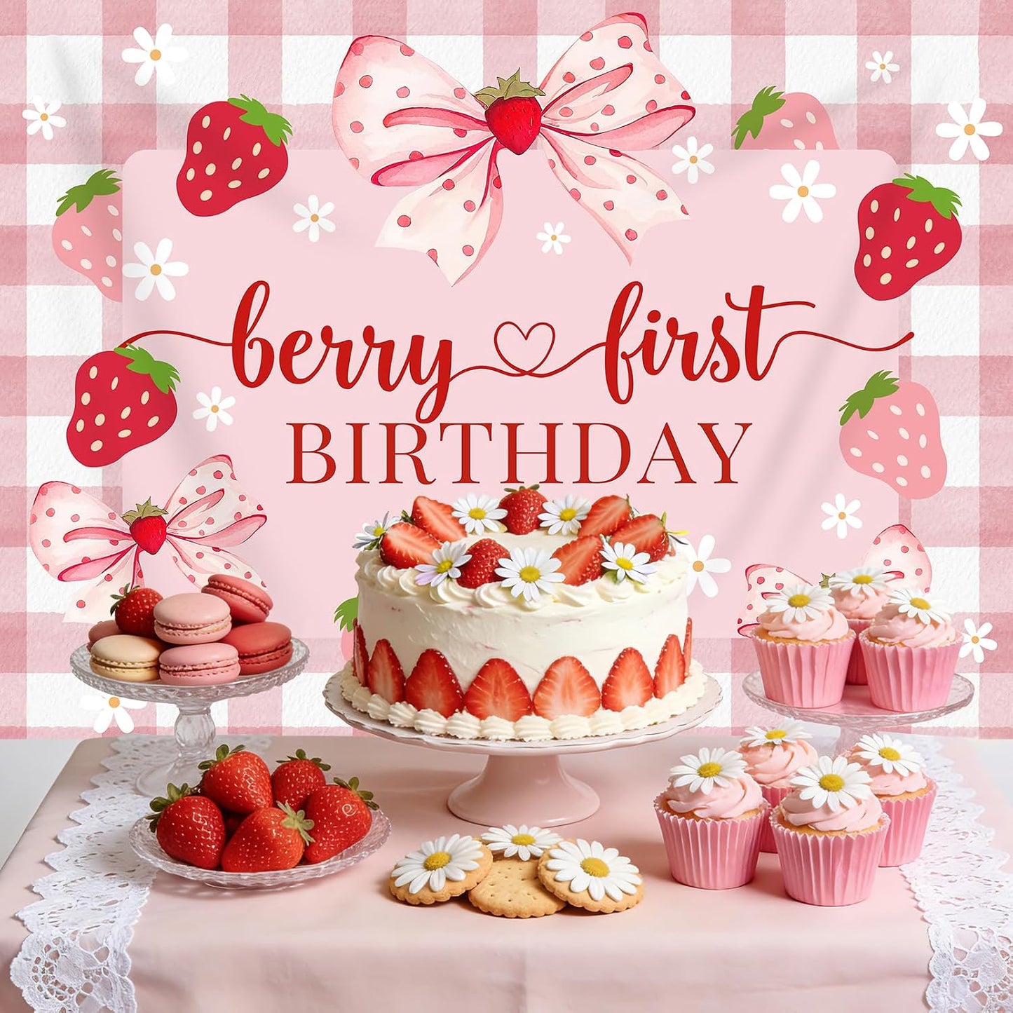 1st 7x5ft Berry First Birthday Backdrop for Girl Pink Bowknot Strawberry Photography Background Sweet One Birthday