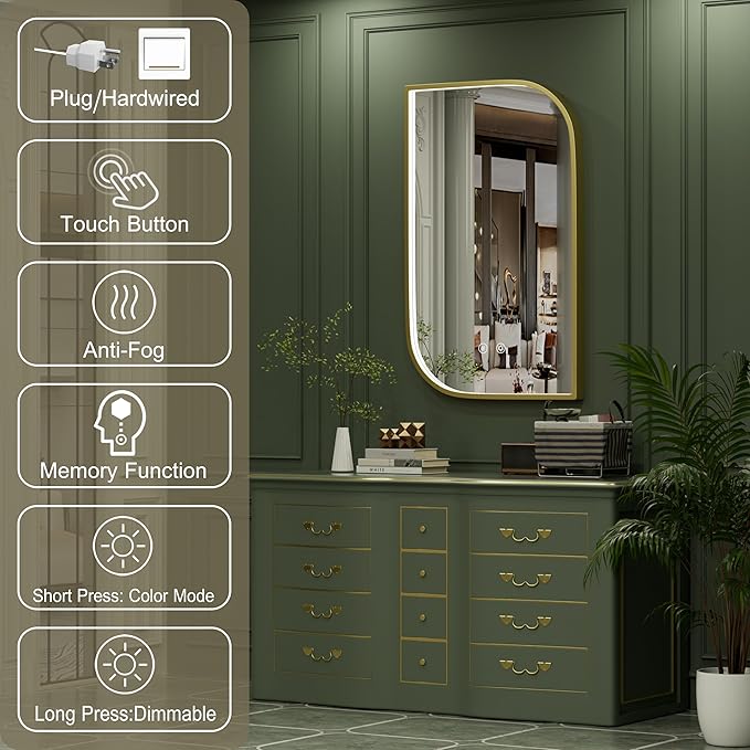 22x36 Inch Gold LED Mirror for Bathroom with Lights, Adjustable 3000K/4500K/6000K, Irregular Frame Lighted Bathroom Vanity Mirror, Stepless Dimmable, Anti-Fog, Wall Mounted