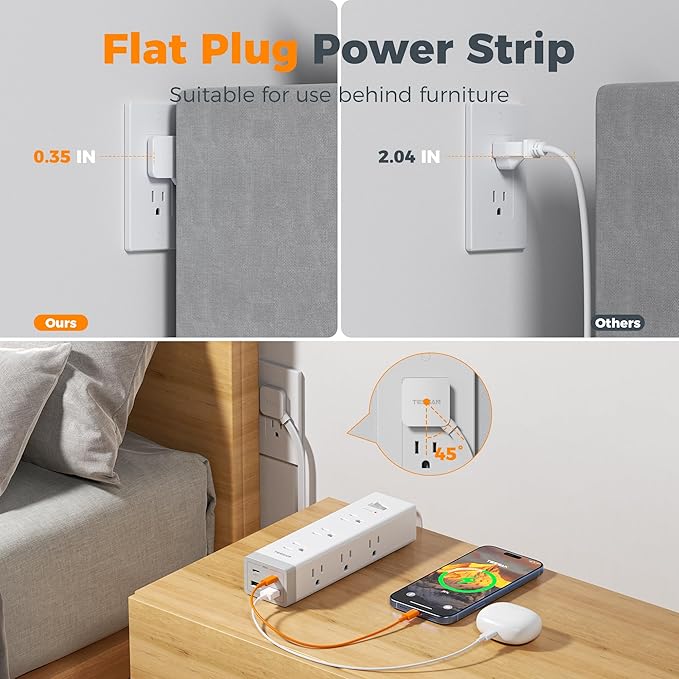 TESSAN Surge Protector Power Strip PD 20W, Ultra Thin Flat Plug 6 FT Extension Cord, 9 Outlets 4 USB(2 USB C), 1050J Protection Multiple Outlets Charging Station for Home, Office, College Dorm Room