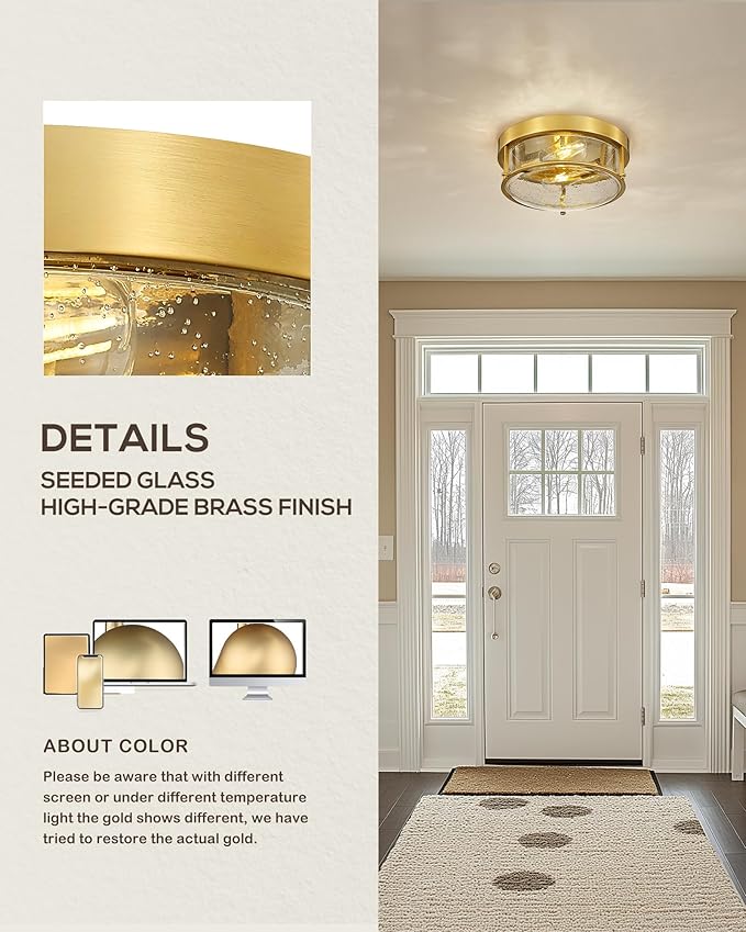 FEMILA 12" Ceiling Light Fixture, 2-Light Flush Mount Light for Bedroom Kitchen Dining Room Hallway Entryway, Brass Gold Finish with Seeded Glass, 4FTJ22-F BG