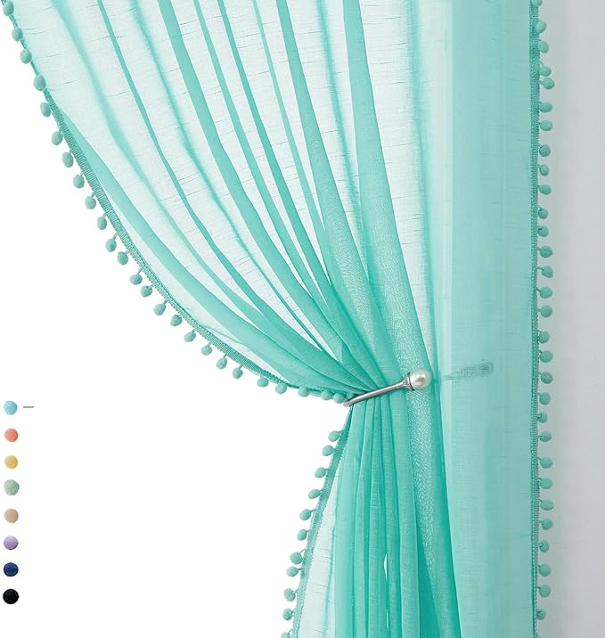 Treatmentex Aqua-Blue Pom-Pom Sheer Curtains for Bedroom Nursery Room 63inches Long Linen Textured Window Sheer Drapes 52" W, 1 Pair, Rod Pocket