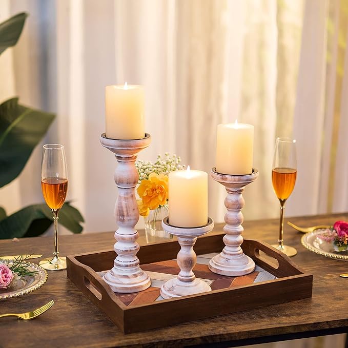 Wood Pillar Candle Holder: 3Pcs Rustic Candle Holders for Pillar Candles Wood Candle Holders Distressed Wooden Farmhouse Large Candle Holder for Fireplace Table (White, 6", 8", 12")