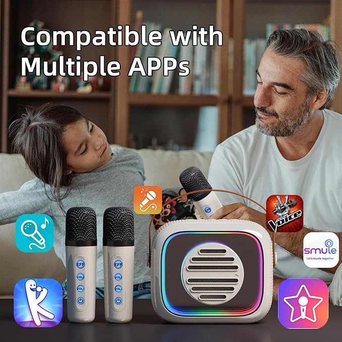 YF93 Mini Karaoke Machine for Kids with Bluetooth Speaker, 7 Voice-Changing Modes, Dual Microphones, Colorful LED Lights, TF Card Support, Portable Singing Gift for Children and Parties(Beige)