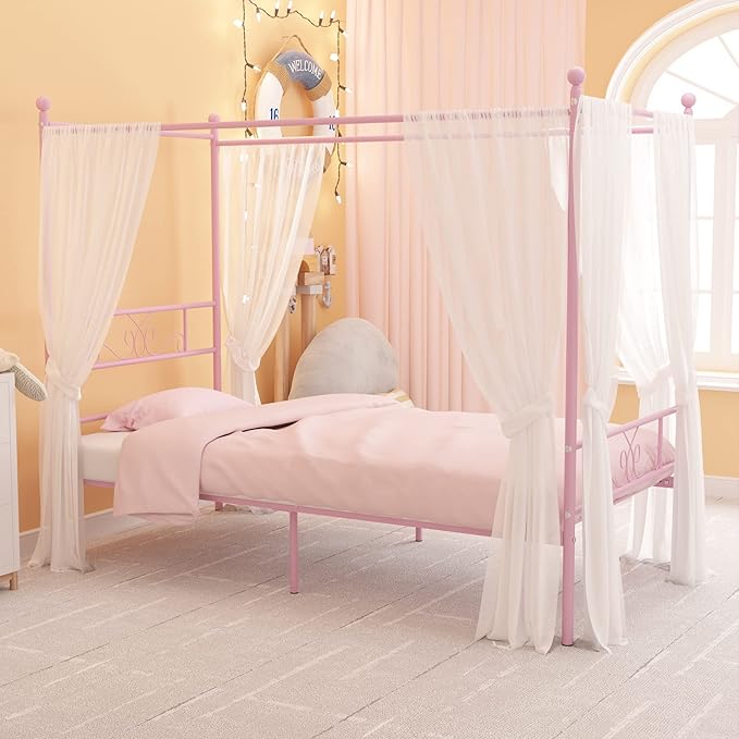 Weehom Twin Canopy Bed Frame with Headboard and Footboard, 4 Posters Metal Bed Frame, No Box Spring Needed, Mattress Foundation Platform Bed for Kids and Adults, Pink