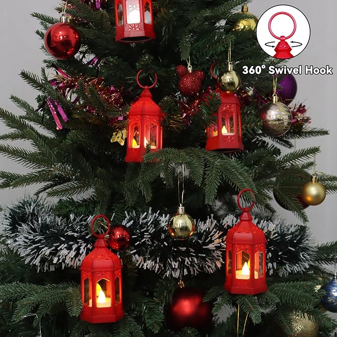 LLQ 8 Pcs Mini Lantern Decor Moroccan Lantern with Flickering LED Candle Table Centerpiece Small Vintage Christmas Hanging Lamp Ornaments Bulk for Wedding Halloween Christmas Party (5 Inch,Red)