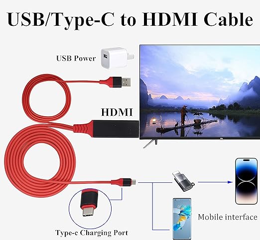 zdyCGTime Phone and Tablet 1080P HDTV Mirroring Cable 2 in 1, HD HDMI Male to 2 USB A Female/Male Cable,1080P/60HZ HDMI HDTV Cable, Used in HDTV, Projector, Monitor, etc (Type-C, Red)