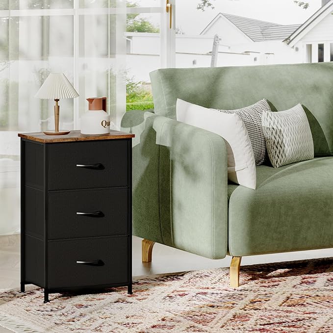 Somdot Dresser for Bedroom with 3 Drawers, Storage Organizer Chest of Drawers with Removable Fabric Bins for Closet Bedside Living Room Laundry Entryway Hallway, Black Rustic Brown