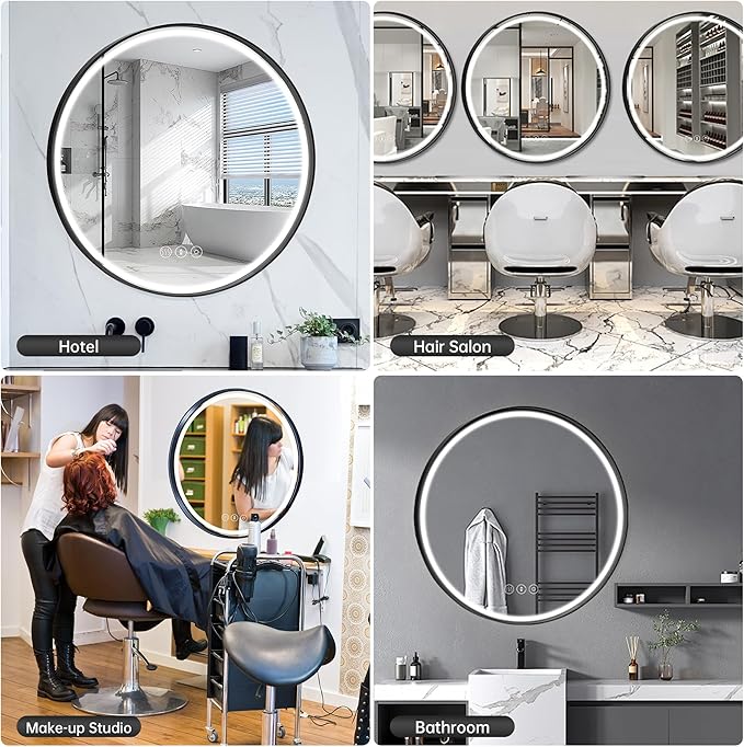 24 Inch Round Bathroom Mirror with Lights, Black Metal Framed Frontlit Circle Mirrors for Wall, Led Light Mirror with Anti-Fog, Memory Function, 3 Color Temperature, Dimmable Makeup Mirror