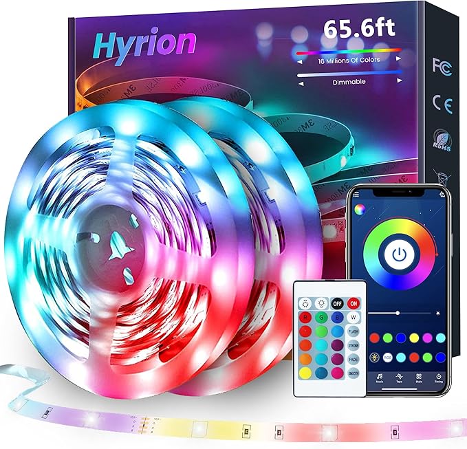 hyrion 65.6 ft Bluetooth LED Strip Lights, RGB 5050 LED Light Strips with Bright 300 LEDs, Sync Music Color Changing Flexible Cuttable Led Lights for Bedroom, Ceiling, Party(2 Rolls of 32.8ft)