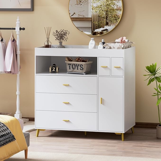 PAKASEPT Changing Table with Drawers, Changing Table Dresser with 5 Drawer & Cabinet