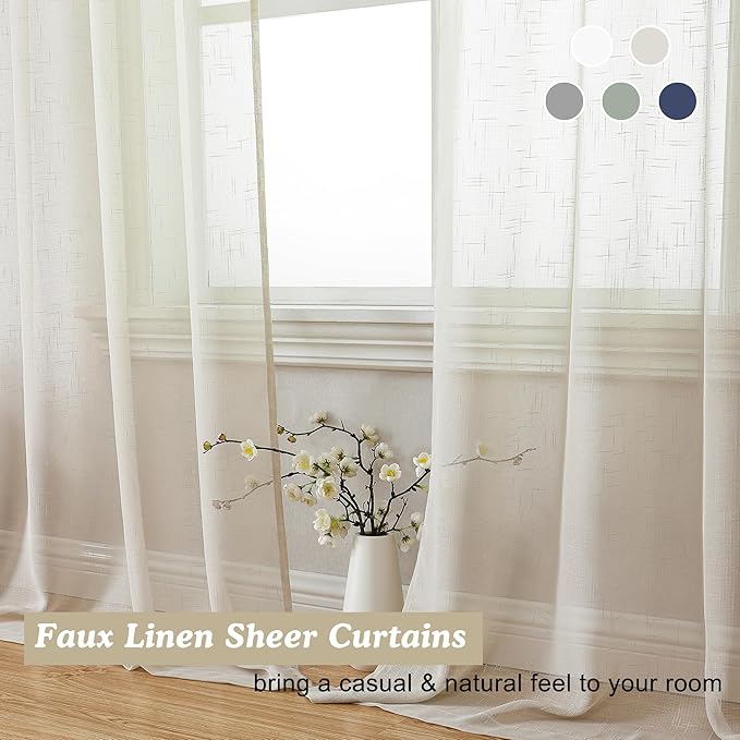 Aiyufeng Kirei Farmhouse Sheer Curtains Flax Textured for Living Room, Semi Sheer Vertical Drapes Privacy with Light Filter for Home Office/Farm House, W40 x L96, Linen, 1 Pair