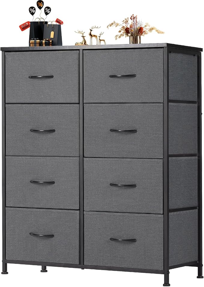 OLIXIS Dresser for Bedroom, 8 Storage Drawers, Wide Fabric Closet Chests Organizer Tower Furniture, TV Stand with Wooden Top Metal Frame for Clothes, Living Room, Hallway, Entryway, Classic Grey