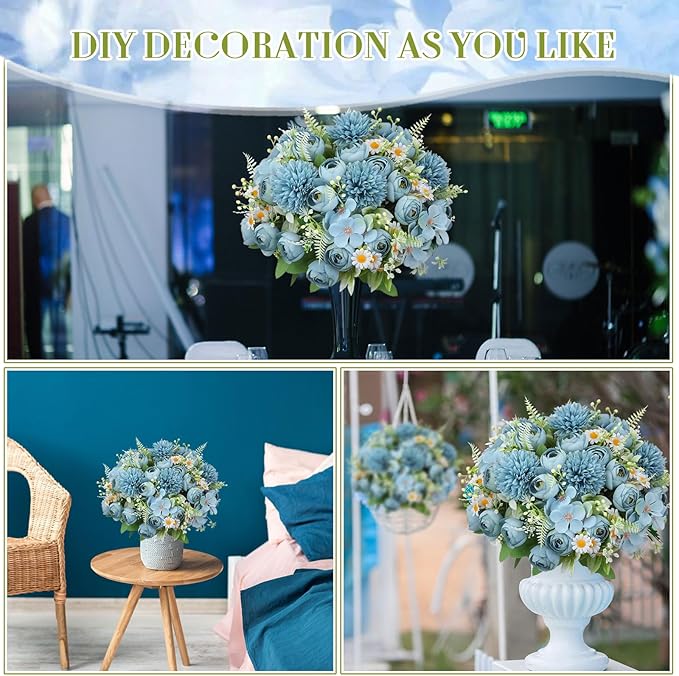 Tigeen 12 Bundles Peonies Artificial Flowers Faux Roses Silk Flowers Hydrangea Artificial Bouquet for Wedding Table Centerpiece Floral Vase Home Office Bridal Decor (Mist Blue)