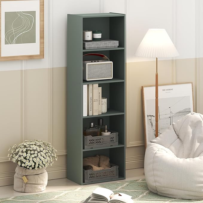 Furinno LUDER Book Shelf, 5-Tier Bookshelf, Bookcase, 9.4" x 15.8" x 52", for Living Room, Bedroom, Home Office, Sage Green