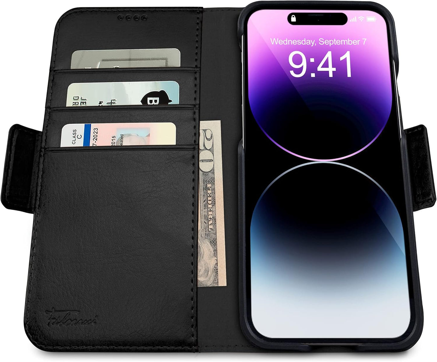 Dreem Fibonacci Compatible with iPhone 14 Wallet Case, 2-in-1 Shockproof Detachable Vegan Leather Folio, Black