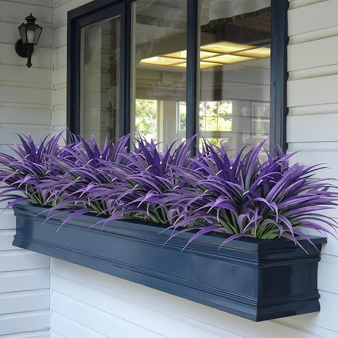 Ouddy Decor 20 Pcs Fake Outdoor Plants Artificial Grass Greenery Stems Faux Plastic Plants UV Resistant for Indoor Outside Garden Hanging Planter Pathway Porch Patio Window Box Home Decor, Purple