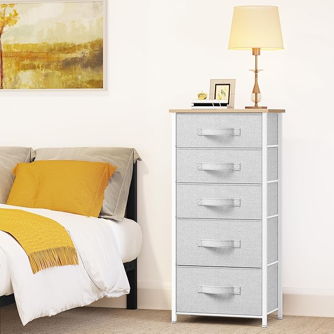YITAHOME Tall 5 Drawer Dresser - Fabric Storage Tower, Organizer Unit for Bedroom, Living Room, Hallway, Closets - Sturdy Steel Frame, Wooden Top & Easy Pull Fabric Bins - Light Grey