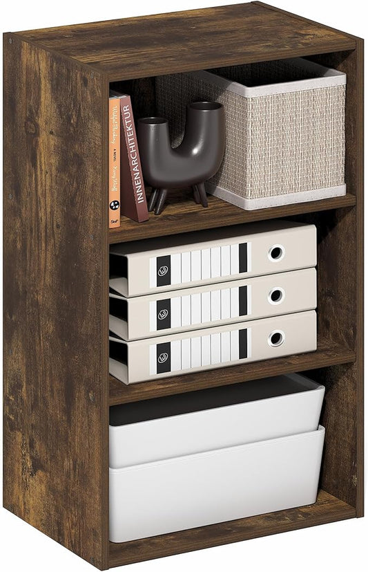 Furinno Basic Book Shelf, 3-Tier Bookshelf, Cube Storage Organizer Bookcase with Open Shelf, 11 x 17 x 26, for Living Room, Bedroom, Home Office, Amber Pine