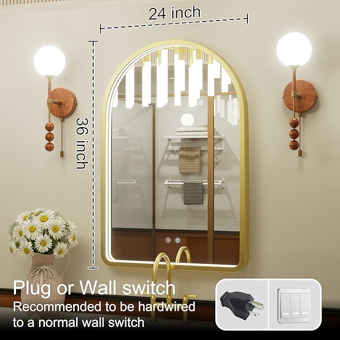 24x36 Inch Arched Gold LED Mirror for Bathroom, Adjustable 3000K/4500K/6000K, Wall Mounted Framed Lighted Bathroom Vanity Mirror with Lights, Anti-Fog, Dimmable, Memory Function