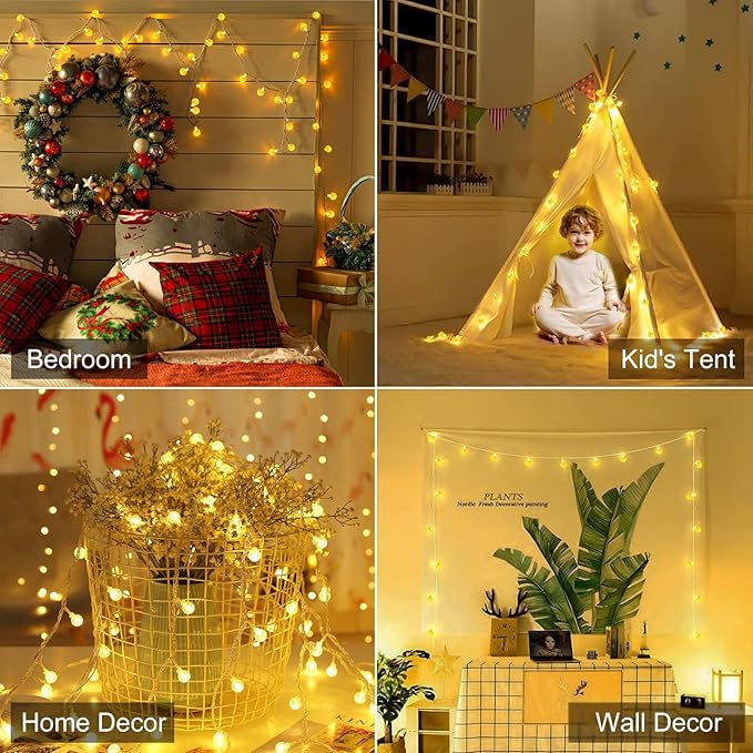 Minetom Globe String Lights - Plug in 33 ft 100 LED Crystal Globe Fairy Lights with 8 Lighting Modes and Remote for Patio Yard Porch Garden Pool Tent Beach Bedroom Wedding Party Decor, Warm White