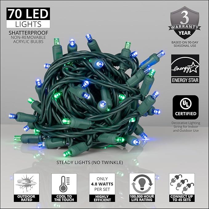 Wintergreen Lighting 70 LED Green and Blue Christmas Lights, 24 ft Indoor/Outdoor Wide Angle Mini String on Green Wire, Commercial Grade, 5mm
