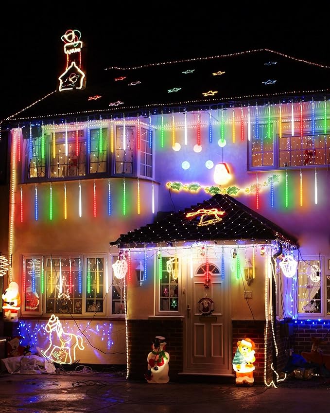 Joomer 2Pack Christmas Lights Outdoor, 11.8 inch 10 Tubes 240 LED Meteor Shower Lights, LED Falling Icicle Cascading Light with Timer Waterproof and Connectable for Christmas Decoration (Multicolor)