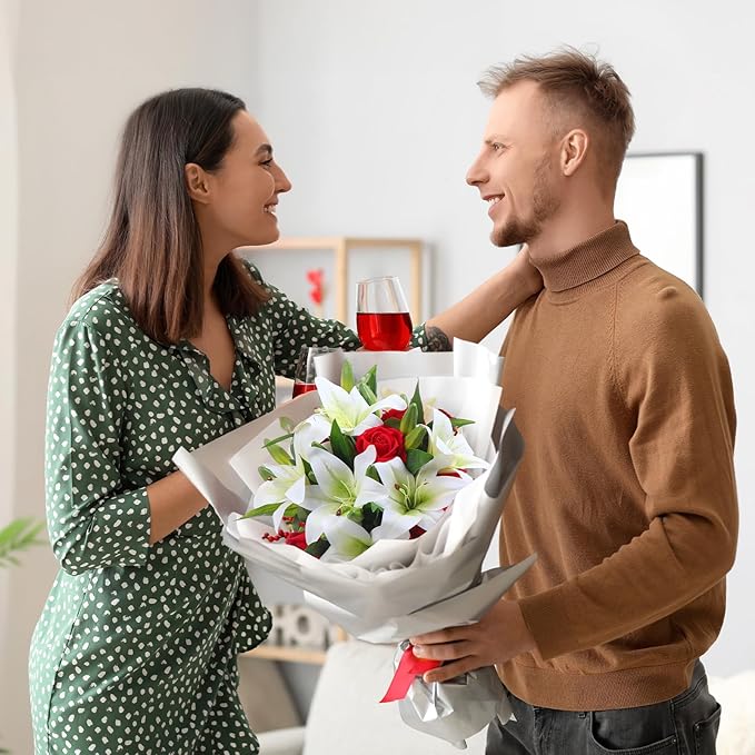 Hotop 20 Pcs Artificial Flowers Velvet Realistic Roses and Latex Lilies Flowers Bouquet Decorations Arrangements for Home Table Centerpieces Independence Day(White, Red)