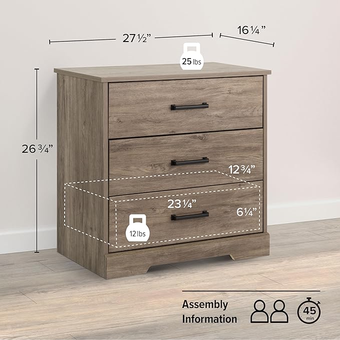 Prepac Rustic Ridge Farmhouse Nightstand Bedside Table, Brown Nightstand for Bedroom, End Table with 3 Drawers 16.25"D x 27.5"W x 26.75"H