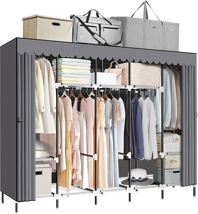 LOKEME Portable Closet, Great Size 82-Inch Portable Wardrobe with 5 Hanging Areas and 10 Storage Shelves for Hanging Clothes, Extra Sturdy 25mm Steel Tube and Easy to Assemble, Grey